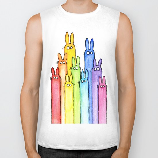 Bunny Rainbow Bunnies Rabbit Watercolor Pattern Whimsical Colorful Animals Biker Tank