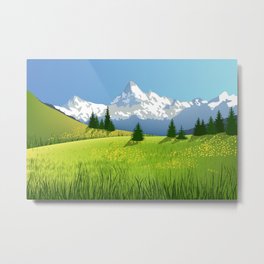 Countryside Landscape With Mountains Metal Print | Country, Snow, Sky, Mountain, White, Meadow, Digital, Backdrop, Pine, Rural 
