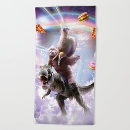 Laser Eyes Space Llama On Sloth Dinosaur - Rainbow Beach Towel