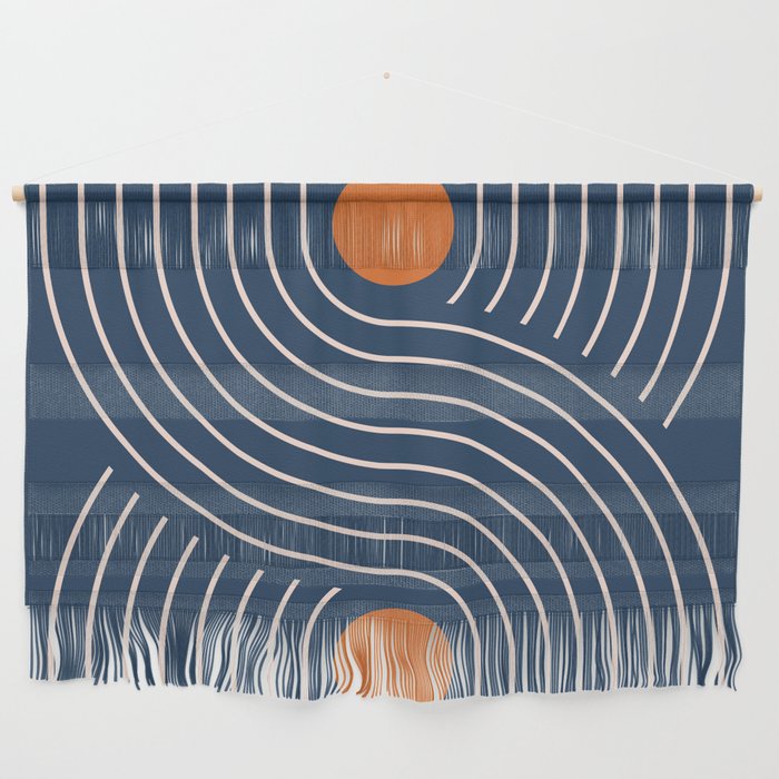 Geometric Lines in Navy and Orange (Rainbow and Moon Phases Abstract) Wall Hanging