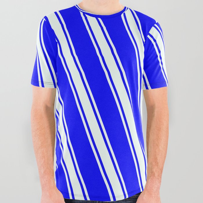 Blue & Mint Cream Colored Striped/Lined Pattern All Over Graphic Tee