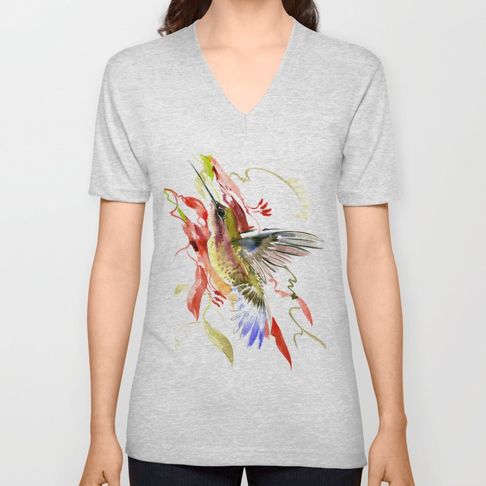 Flying Hummingbird and red tropical foliage V Neck T Shirt