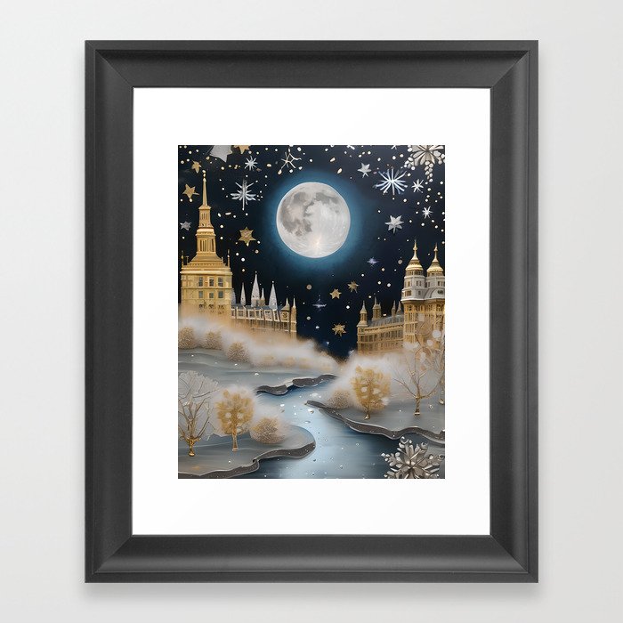 Christmas in London - Thames Winter Holiday Gold and Silver Art Framed Art Print