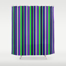 [ Thumbnail: Purple, Dark Blue, Lime, Plum, and Black Colored Lines Pattern Shower Curtain ]
