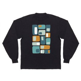 Mid Century Funky Squares and in Teal, Turquoise, Aqua and Orange Long Sleeve T-shirt