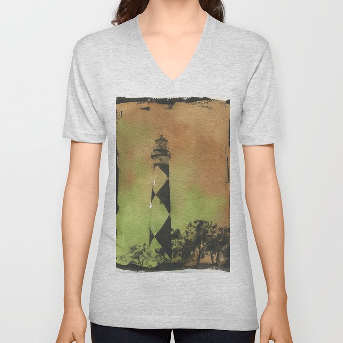 Cape Lookout lighthouse on the Outer Banks, North Carolina.  Watercolor painting of Cape Lookout lighthouse beach artwork home decor lighthouse NC lighthouse painting watercolor V Neck T Shirt