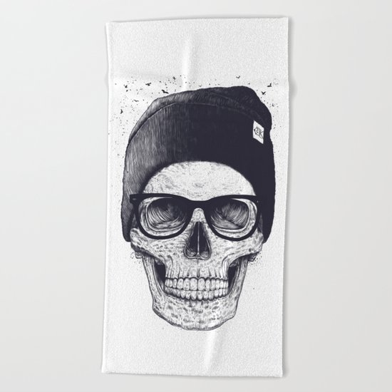 Grey Skull in a hat Beach Towel