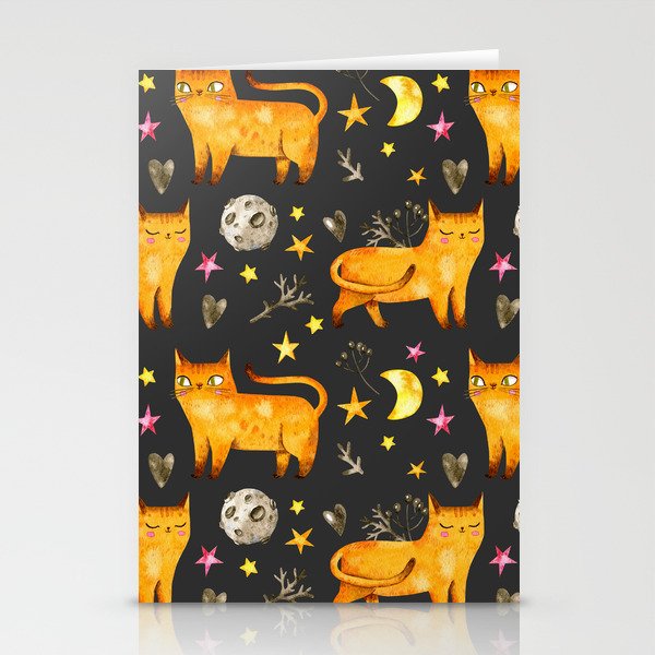 Valentine's day seamless pattern with cats, stars and moons. Watercolor night repeated pattern with cute cats. Stationery Cards