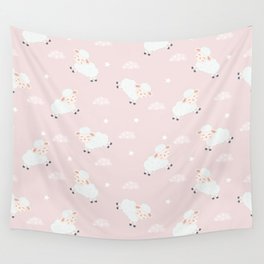 Cute Sheeps on Clouds with Stars Wall Tapestry
