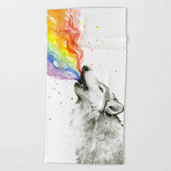 Wolf Rainbow Watercolor Howling Animal Whimsical Animals Beach Towel