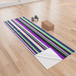 [ Thumbnail: Dark Violet, Light Yellow, Midnight Blue, Light Green, and Black Colored Lined/Striped Pattern Yoga Towel ]