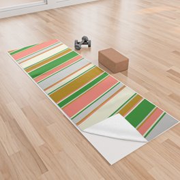 [ Thumbnail: Salmon, Dark Goldenrod, Light Grey, Forest Green, and Beige Colored Striped/Lined Pattern Yoga Towel ]