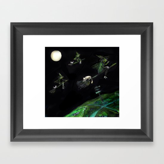 Three Witches on Brooms with the Moon. Framed Art Print