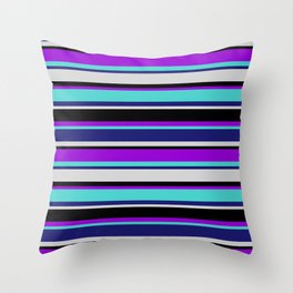 [ Thumbnail: Colorful Dark Violet, Turquoise, Midnight Blue, Light Gray & Black Colored Striped/Lined Pattern Throw Pillow ]