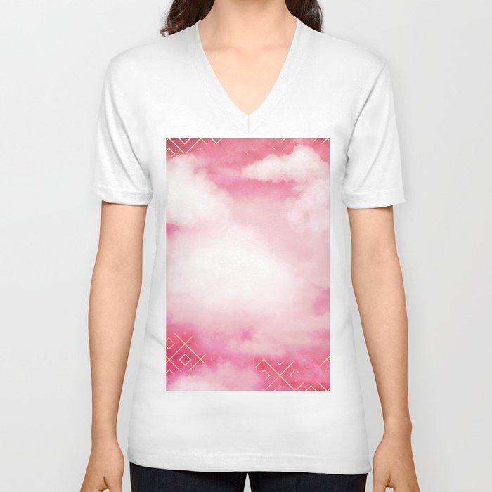 Geometric Clouds In Pink V Neck T Shirt