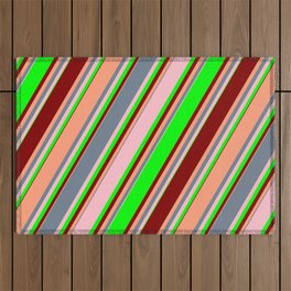 [ Thumbnail: Eye-catching Slate Gray, Pink, Lime, Maroon & Light Salmon Colored Striped Pattern Outdoor Rug ]