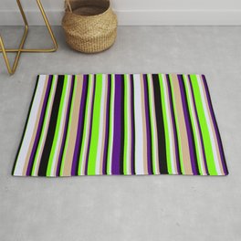 [ Thumbnail: Eyecatching Indigo, Tan, Lavender, Green & Black Colored Lines/Stripes Pattern Rug ]