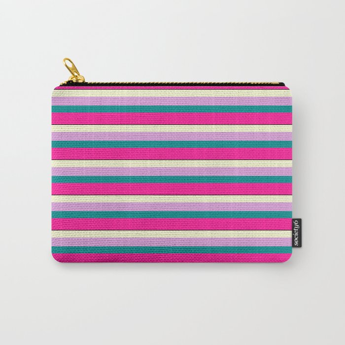 Colorful Light Yellow, Plum, Dark Cyan, Deep Pink & Black Colored Lined Pattern Carry-All Pouch