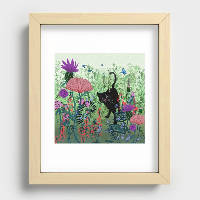 Black Cat in Garden Recessed Framed Print