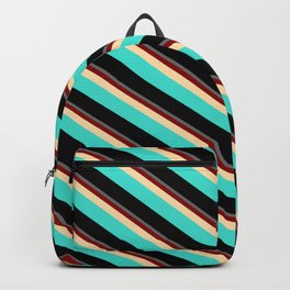 [ Thumbnail: Colorful Dim Gray, Maroon, Tan, Turquoise & Black Colored Stripes/Lines Pattern Backpack ]