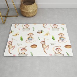 Tropical pink brown green watercolor monkey coconut floral Rug