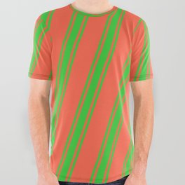 [ Thumbnail: Red and Lime Green Colored Striped Pattern All Over Graphic Tee ]