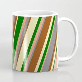 [ Thumbnail: Colorful Grey, Brown, Pale Goldenrod, Dark Green & Dark Salmon Colored Lined/Striped Pattern Coffee Mug ]