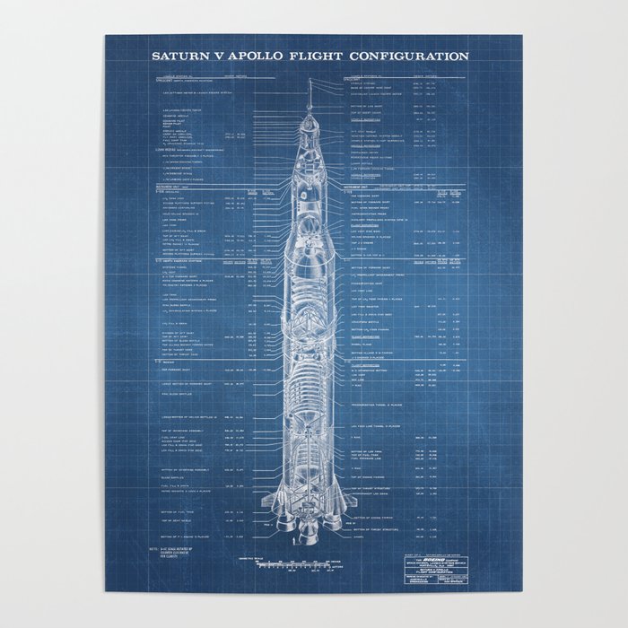 Apollo 11 Saturn V Blueprint in High Resolution (light blue) Poster