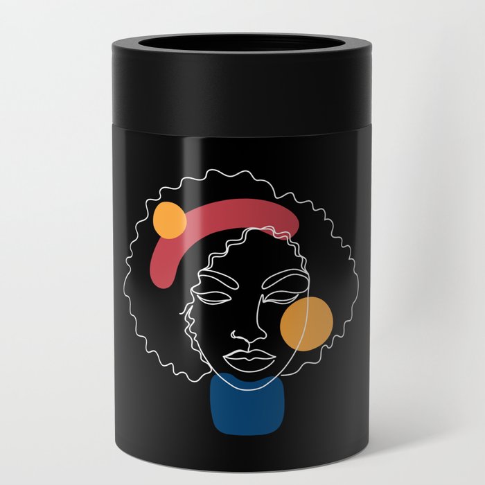 African woman in a line art style with abstract shapes on a black background. Can Cooler