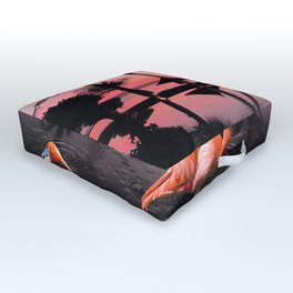 Flamingo Palm Sunset, Flamingos And Beach Outdoor Floor Cushion