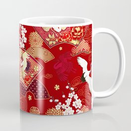 Spring Japanese background with fans and cranes Mug