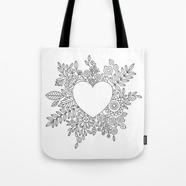 Flourishing Heart Adult Coloring Illustration, Heart and Flowers Wreath Tote Bag