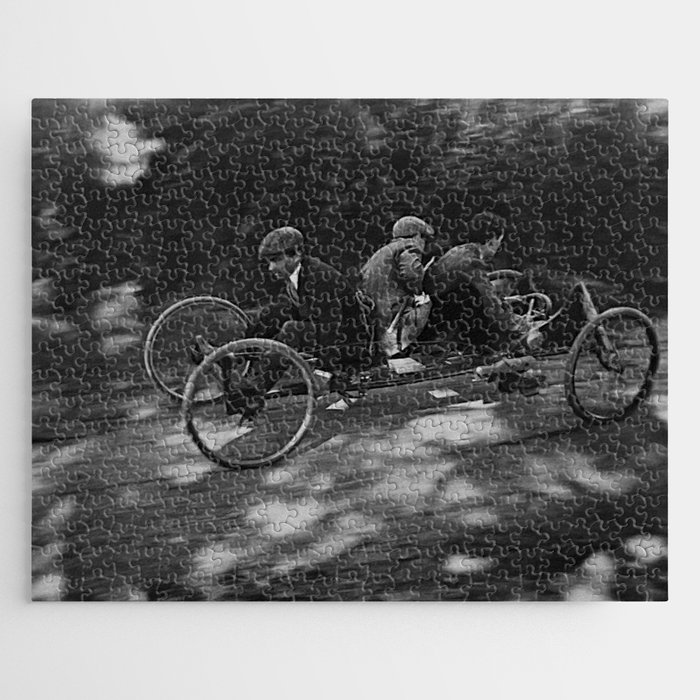 Vintage Bicycle Built for Three Racing black and white photograph - photography - photographs Jigsaw Puzzle