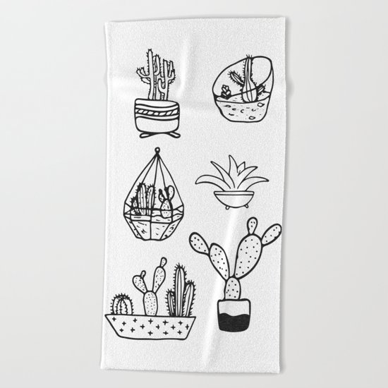 Minimalist Cacti Collection Black and White Beach Towel