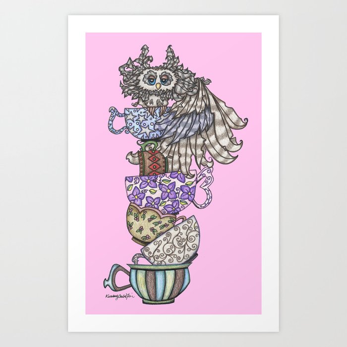 Owlice Wants Another Cup of Tea Pink Art Print