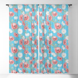 Daisy and Poppy Seamless Pattern on Turquoise Background Sheer Curtain
