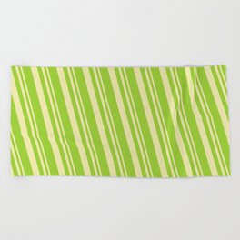 [ Thumbnail: Pale Goldenrod & Green Colored Lines Pattern Beach Towel ]