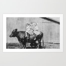 1911 three young girls riding a cow vintage funny humorous black and white photograph Art Print