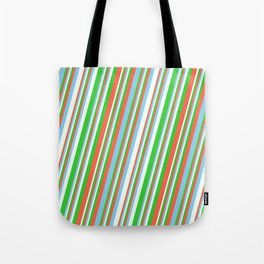 [ Thumbnail: Red, Sky Blue, Mint Cream, and Lime Green Colored Pattern of Stripes Tote Bag ]