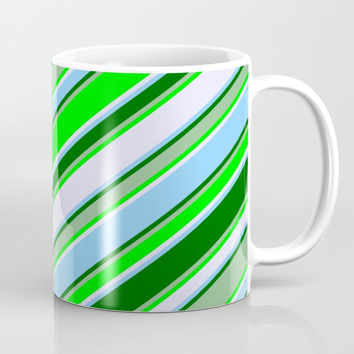 Eye-catching Dark Sea Green, Lime, Lavender, Light Sky Blue, and Dark Green Colored Stripes Pattern Coffee Mug