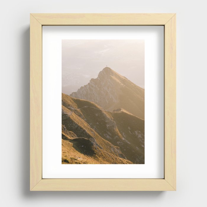 Green mountain peak in the warm morning light | Landscape Photography | Art Print Recessed Framed Print