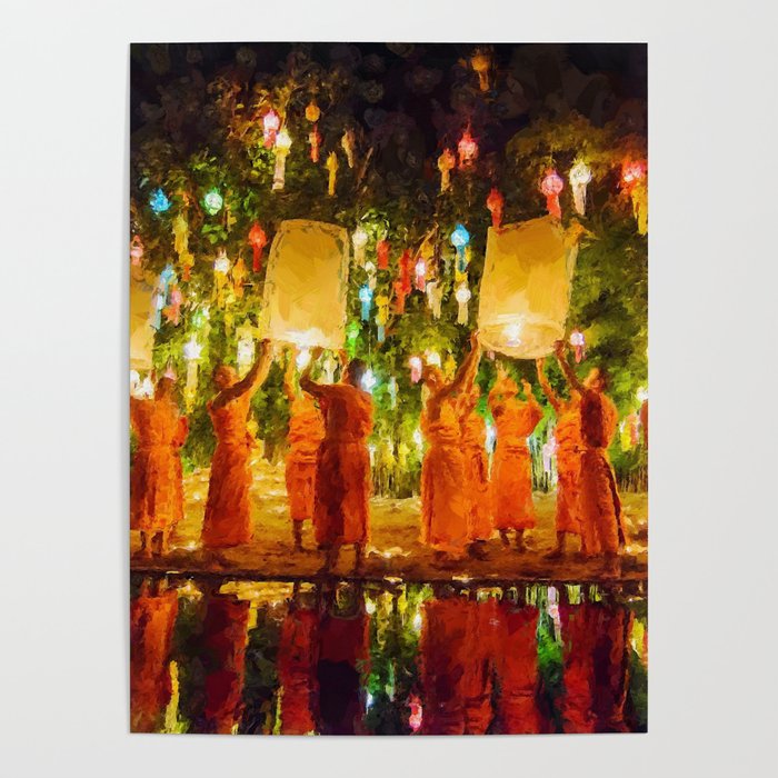 Lantern Wish Festival, Night portrait painting Poster