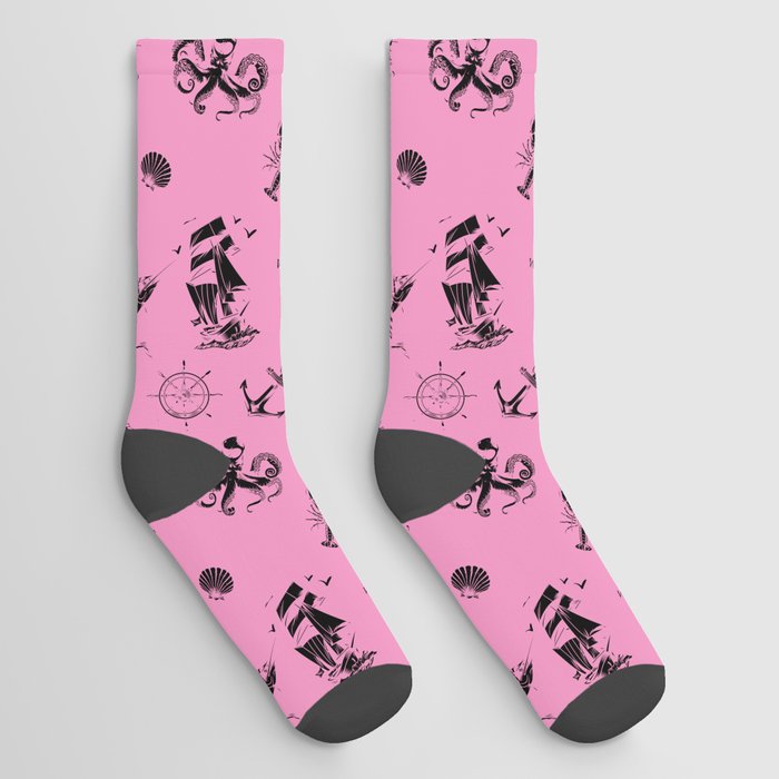 Pink And Black Silhouettes Of Vintage Nautical Pattern Socks