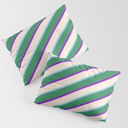 [ Thumbnail: Sea Green, Dark Violet, Beige, and Sky Blue Colored Striped Pattern Pillow Sham ]