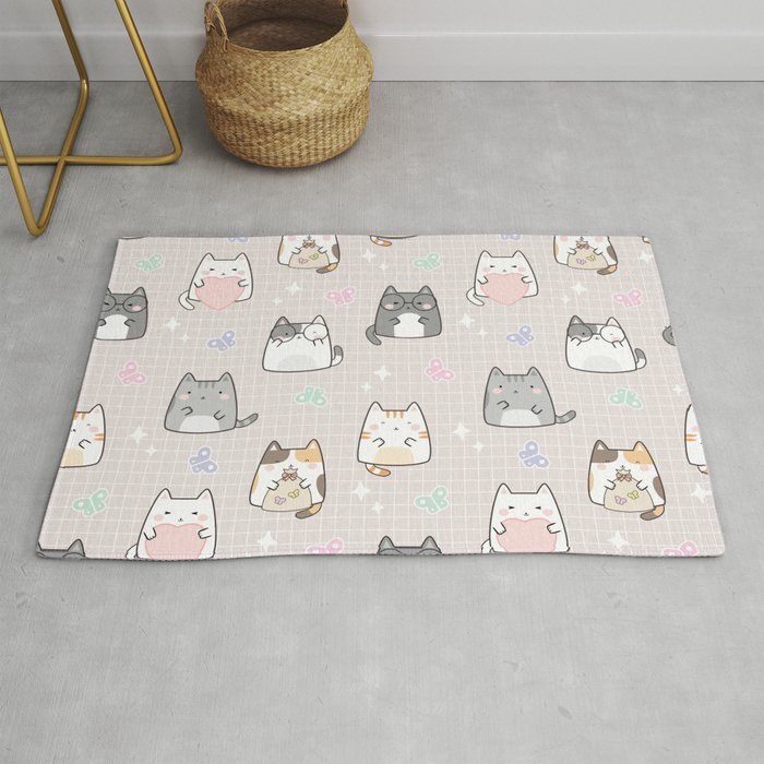 Cute Kawaii Cats with Hearts and Butterflies Rug