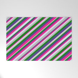 [ Thumbnail: Eye-catching Dark Slate Blue, Deep Pink, Lavender, Grey, and Green Colored Striped/Lined Pattern Welcome Mat ]