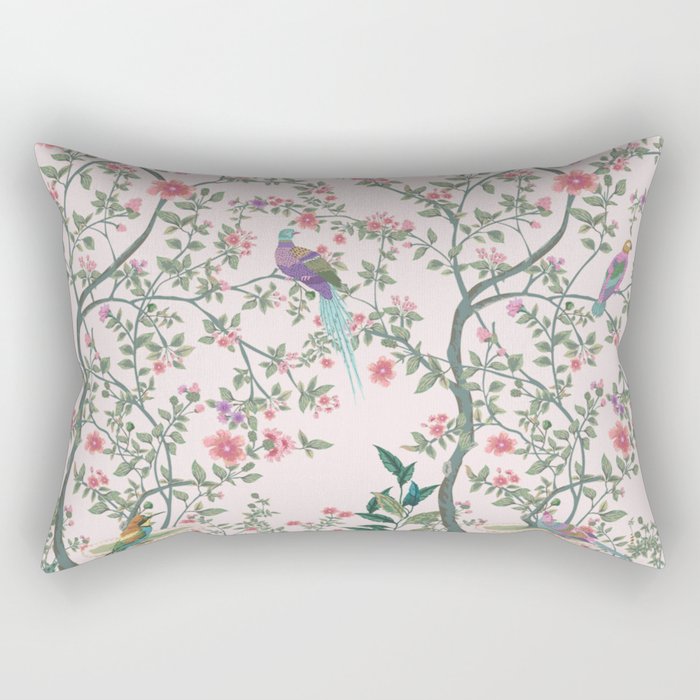Chinoiserie Blush Pink Fresco Floral Garden Birds Oriental Botanical Rectangular Pillow