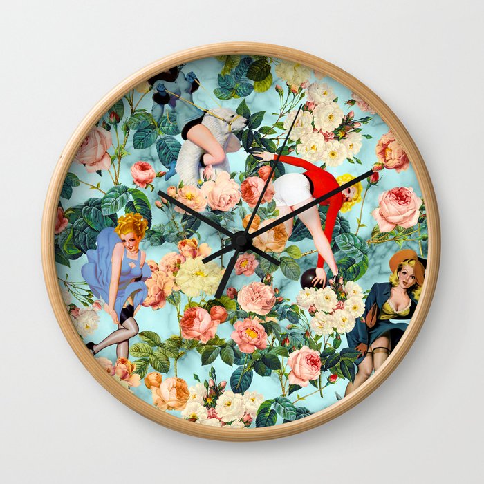 Floral and Pin Up Girls II Pattern Wall Clock