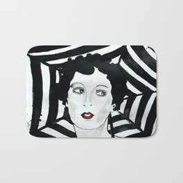 Stripy Umbrella Bath Mat | Black And White, Womanwithumbrella, Redlips, Painting, Woman, Blackhair, Stripes, Ink, Retroportrait 