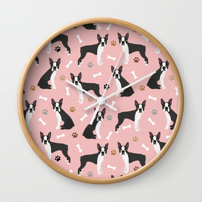 Boston Terrier Dogs Pattern Pink Wall Clock